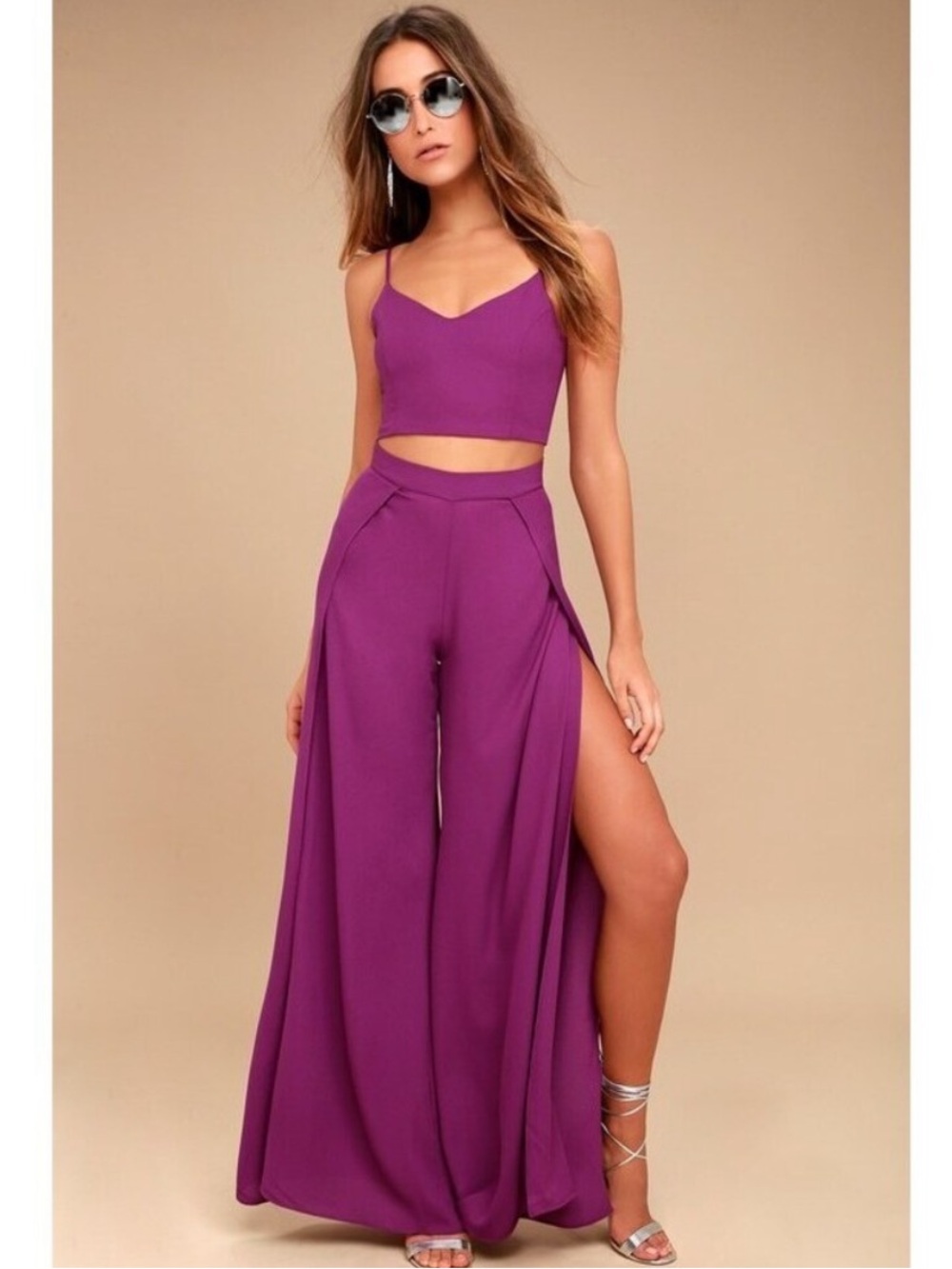 Lulus Magenta TWO PIECE jumpsuit Wide-Leg Split Palazzo Pants crop top